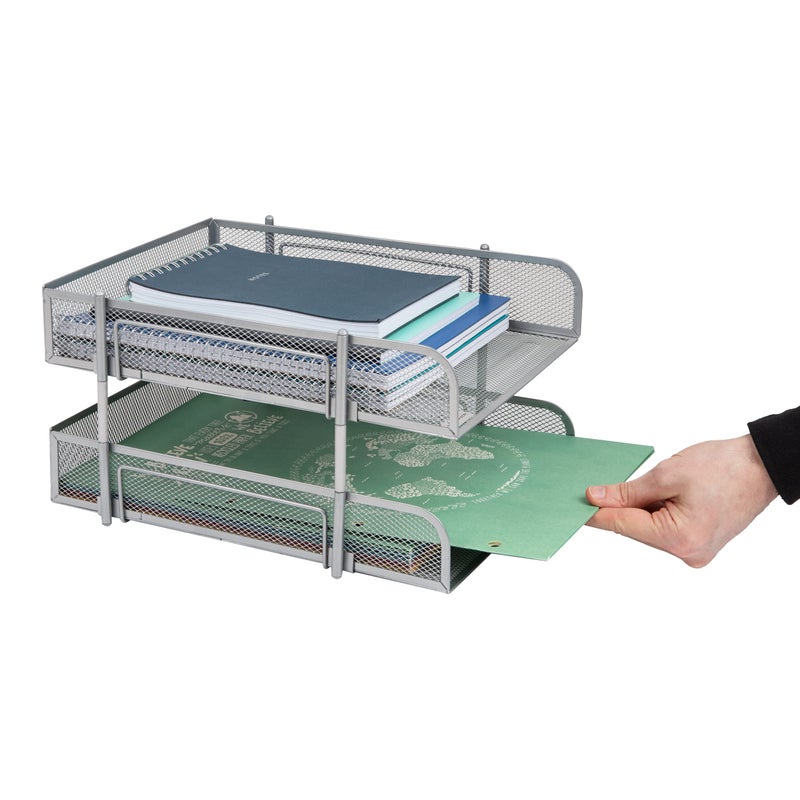 Mind Reader Stackable Paper Tray, Desktop Organizer, File Storage, Office, Metal Mesh, 2 Pc, Silver - Image 5